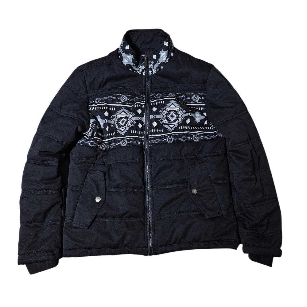 Montero Black Aztec Southwest Quilted Puffer Jacket Full Zip Winter Coat Mens M